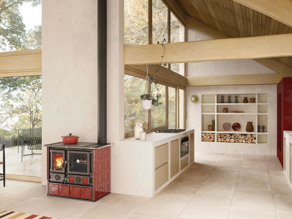 Cuisinière à bois raccordable - LA NORDICA Rosa.16 Maiolica Bordeaux 8.8 kW