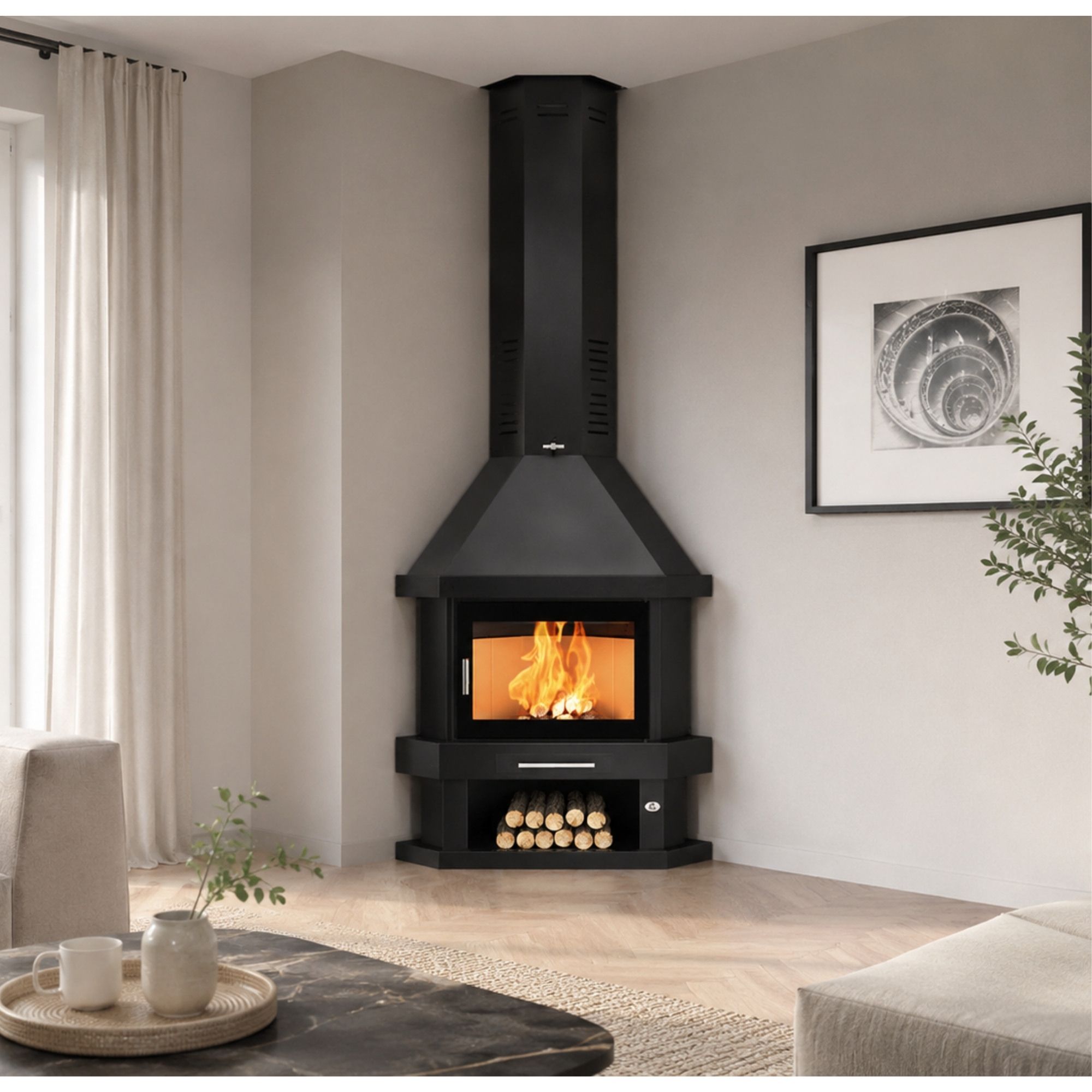 Poêle à bois cheminée d'angle - FIREMATIC Windsor 13.8 kW