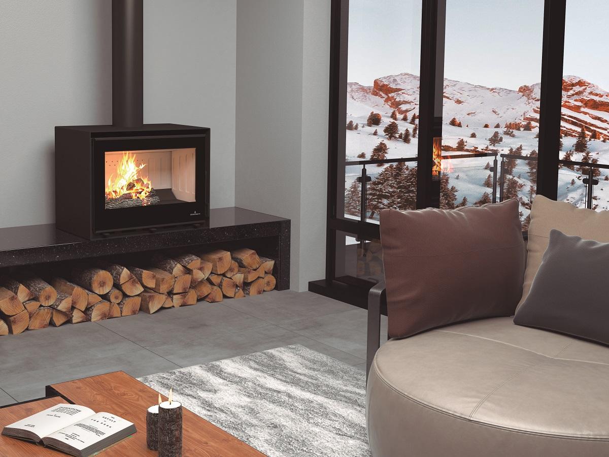 Poêle à bois raccordable avec range-bûches - BRONPI Cairo 70 Box 12 kW