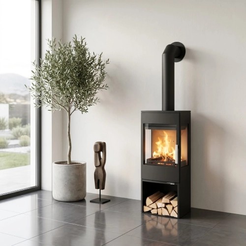 Poêle à bois Haas + Sohn WIEN.l Easy III 7,3 kW avec un compartiment pour ranger le bois