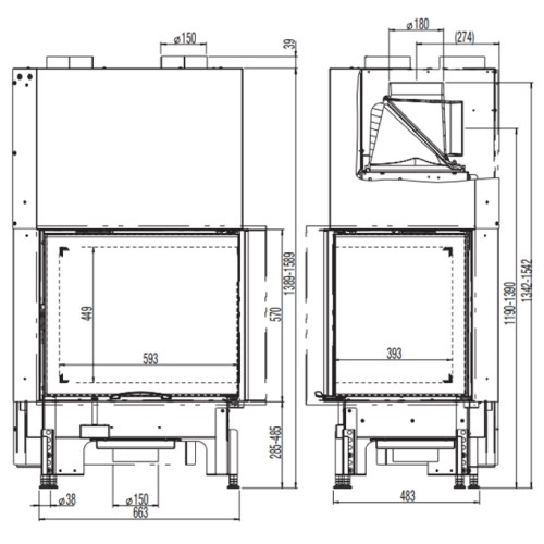 Insert bois Austroflamm Cheminée d'angle 69x49x57S 2.0 | 12 kW porte coulissante