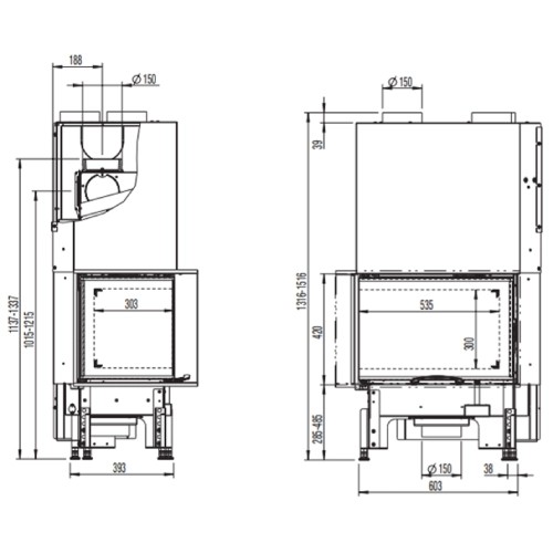 Insert bois Austroflamm Cheminée d'angle 63x40x42S 2.0 | 8 kW porte coulissante