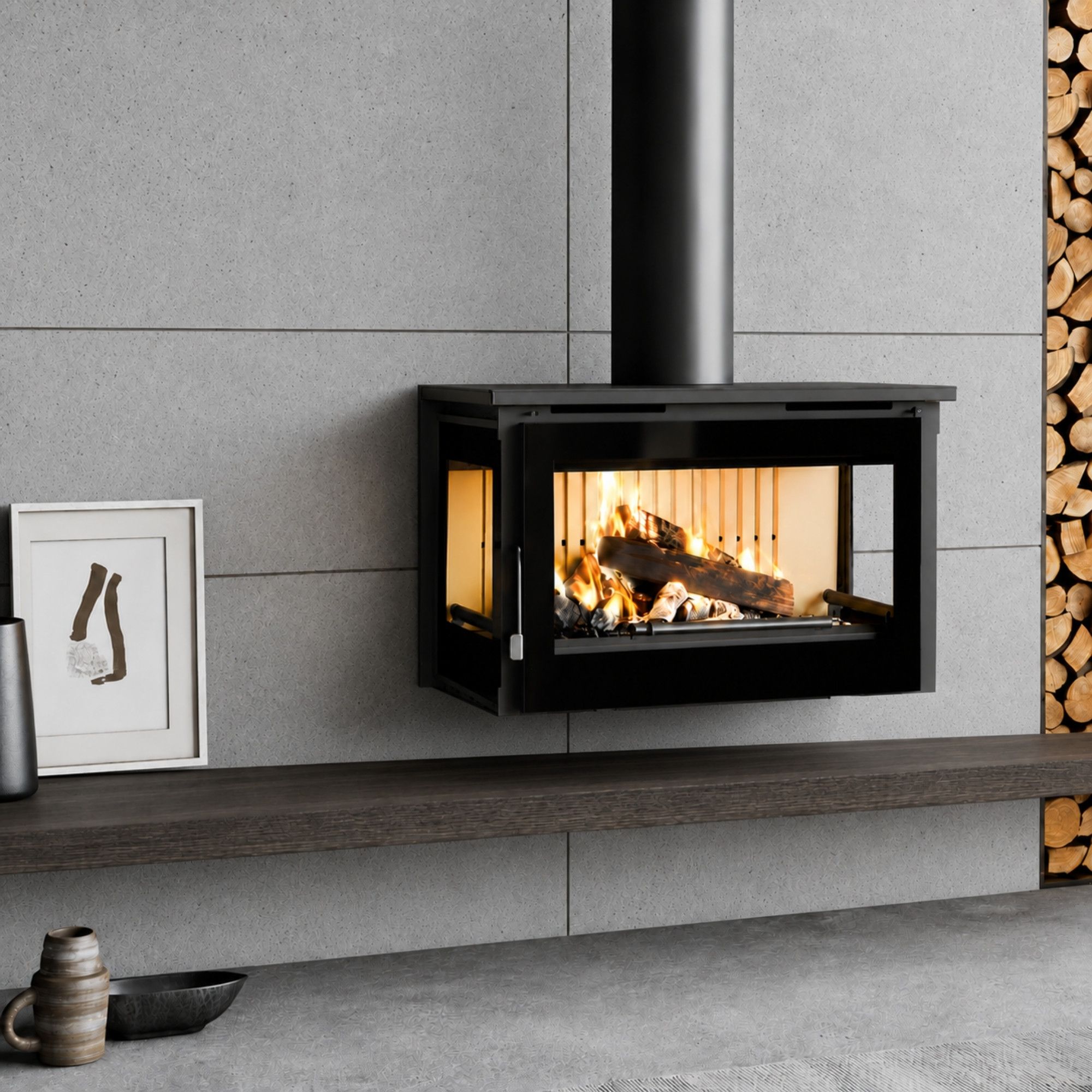 Poêle à bois 3 vitres ventilé raccordable suspendu - FIREMATIC Calgary - S 12.5 kW