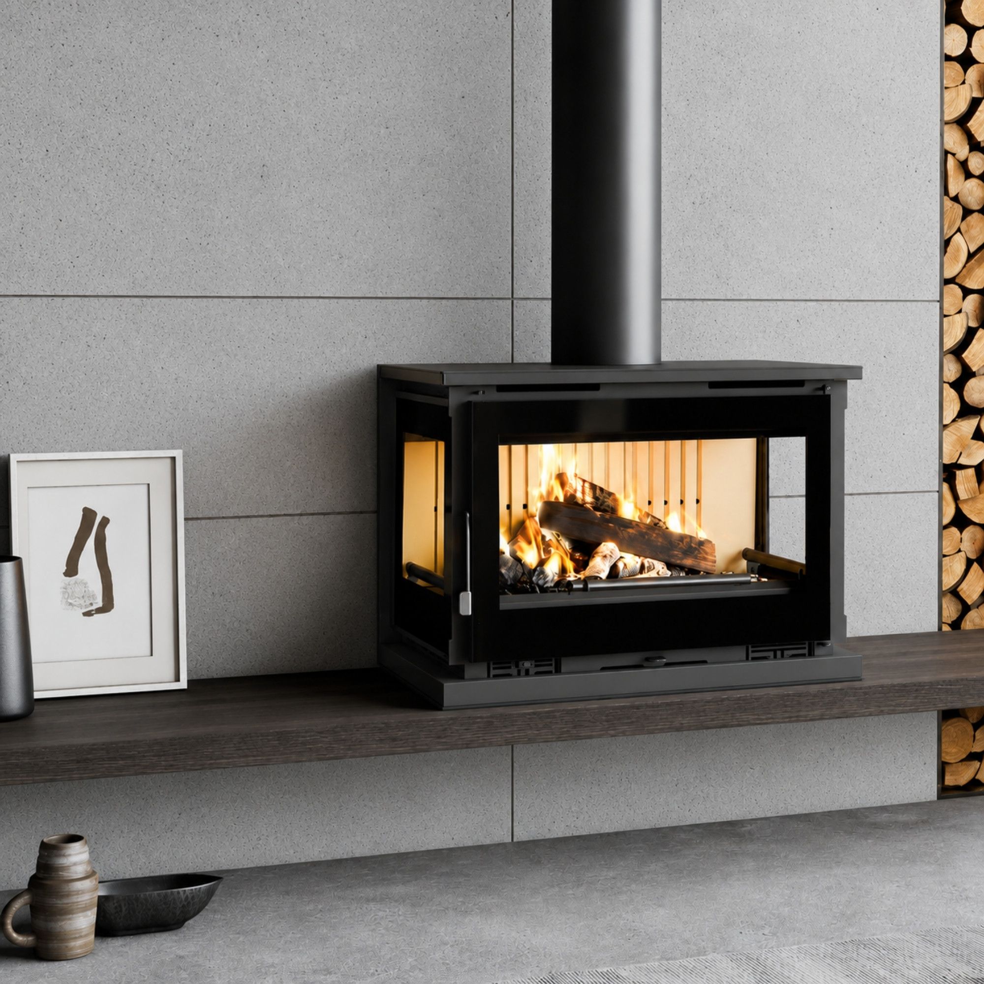 Poêle à bois ventilé raccordable 3 vitres pose libre - FIREMATIC CALGARY - M 12.8 kW