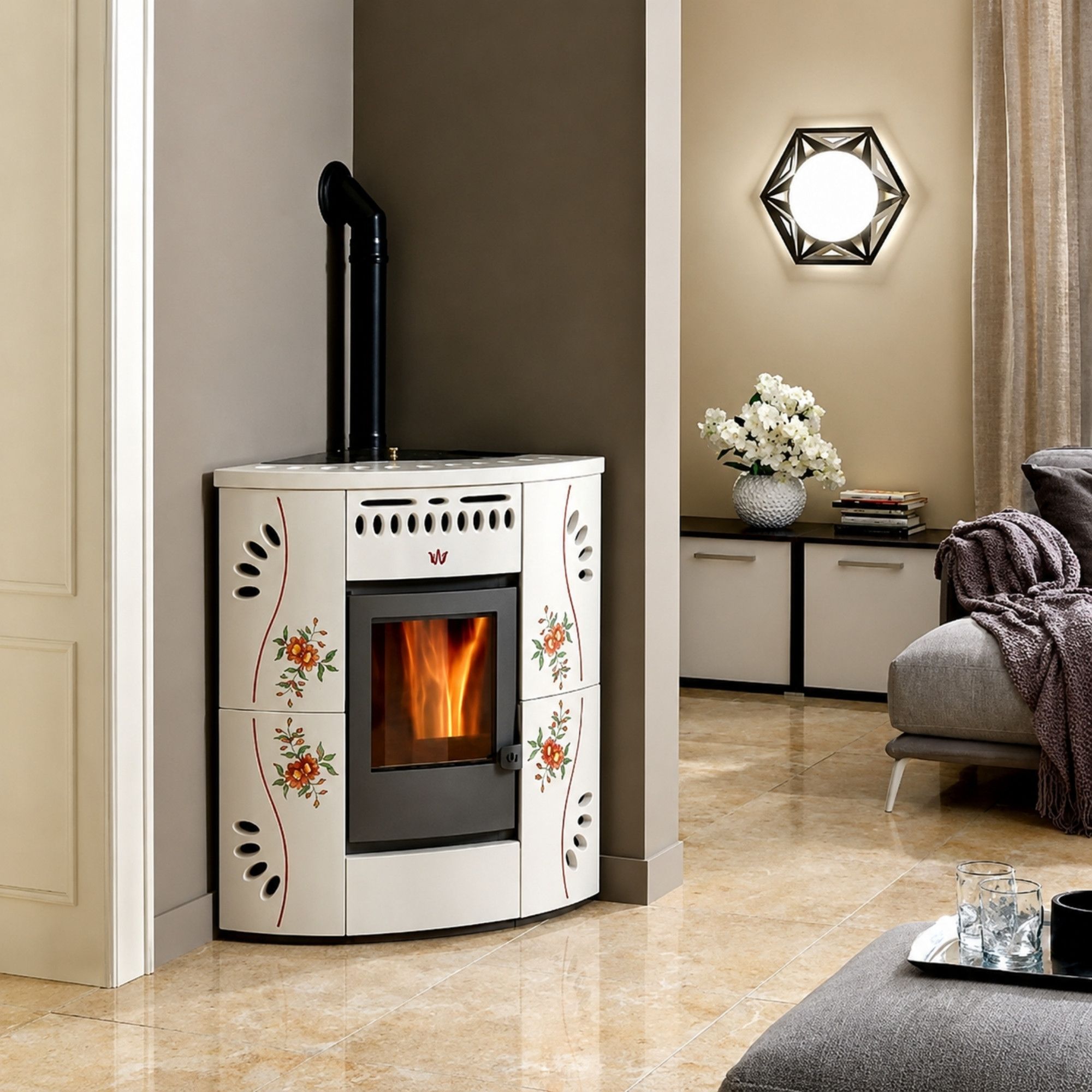 Poêle à granulés d'angle en céramique - ORIGINE PHEBO Gaia 12.2 kW