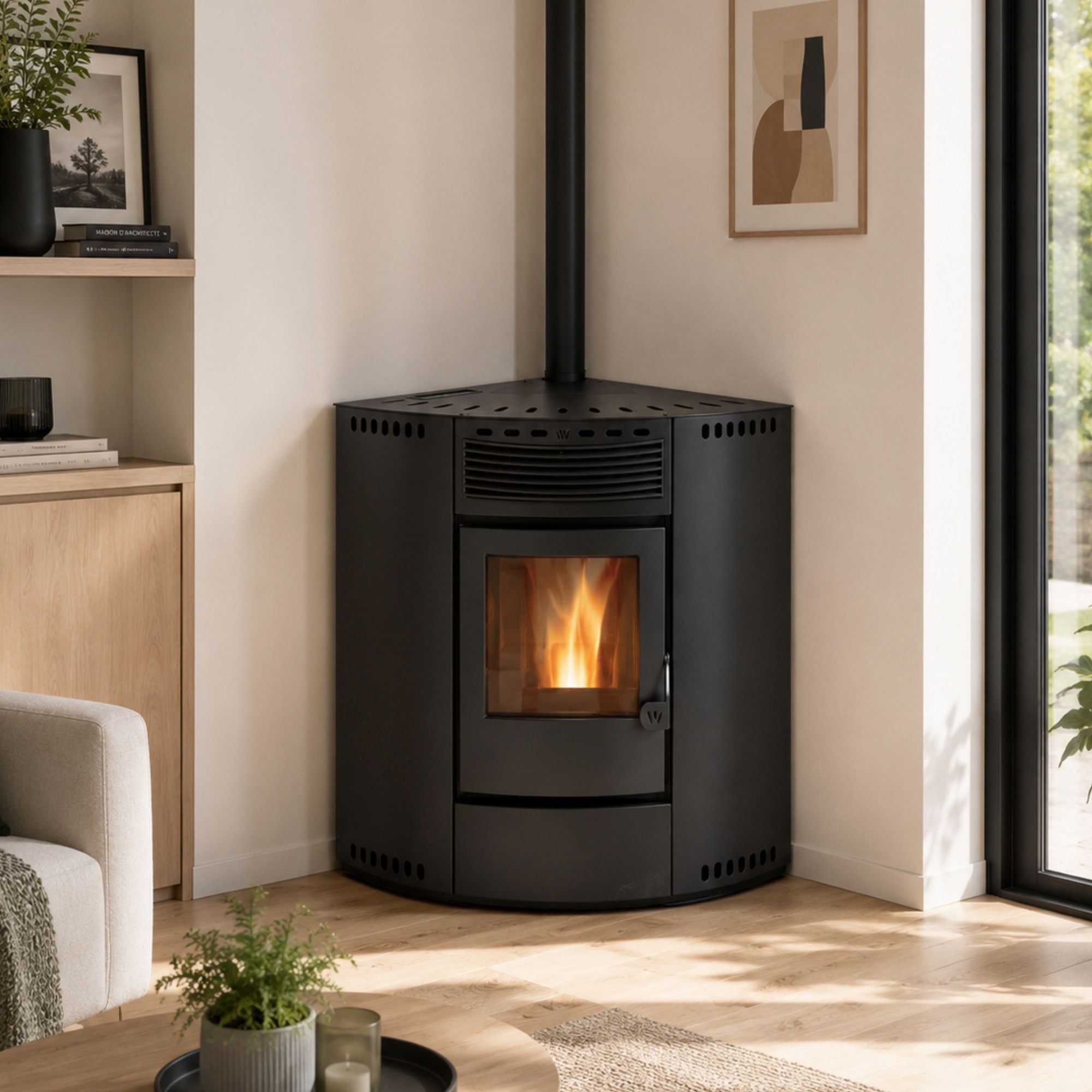 Poêle à granules d'angle - ORIGINE PHEBO Asia 12.7 kW
