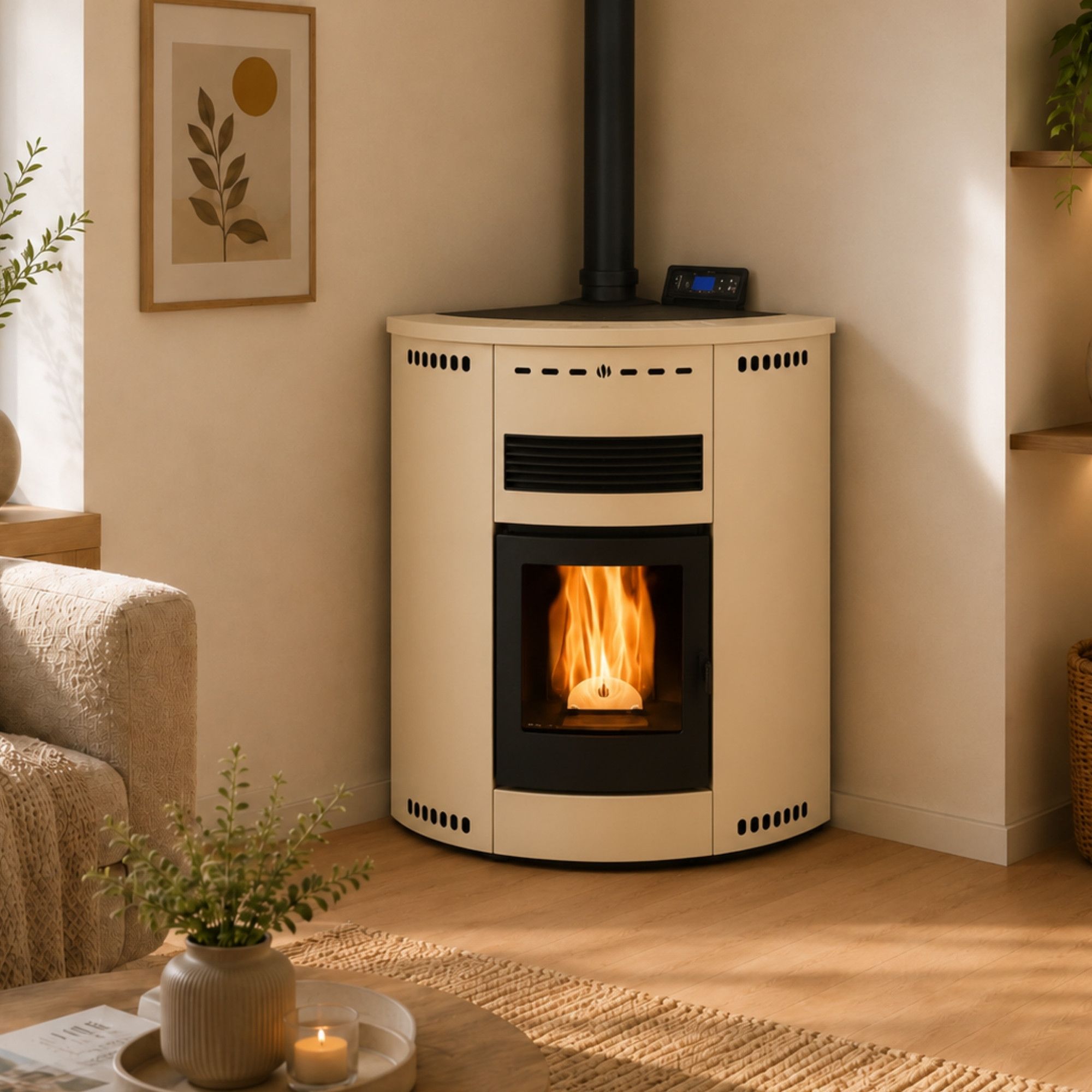 Poêle à granules d'angle canalisable - ORIGINE PHEBO Asia MAXI 12.7 kW