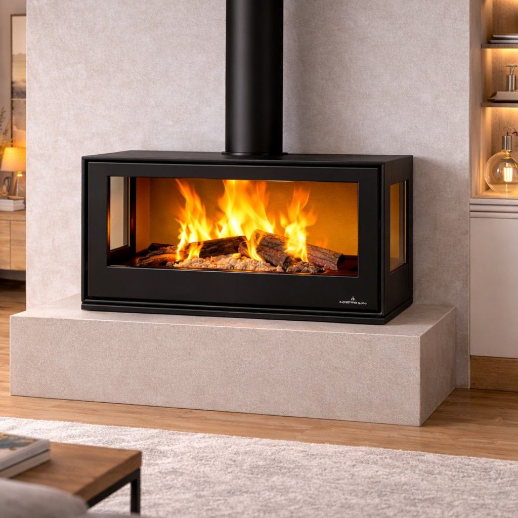 Poêle à bois 3 vitres ventilé avec range-bûches - BRONPI Bimba 90 3C 13 kW